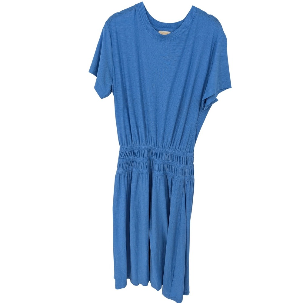Nation LTD Smocked Waist Dress Women XS Blue Pima Cotton Short Sleeve Midi Chic